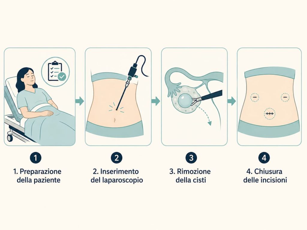 Schema delle 4 fasi della laparoscopia per cisti ovariche